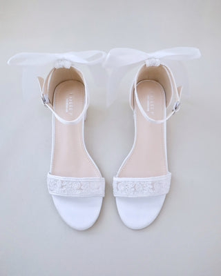 Crochet Lace Block Heel Wedding Sandals with Back Satin BowWomen Shoes