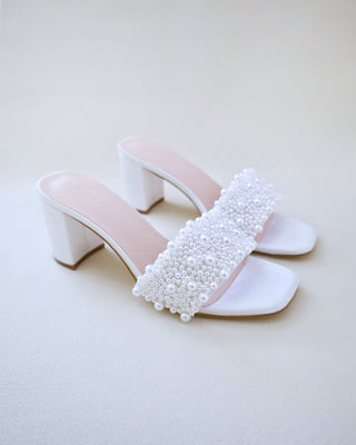 Satin Block Heels Slide Wedding Sandals with Perla AppliqueWomen Shoes