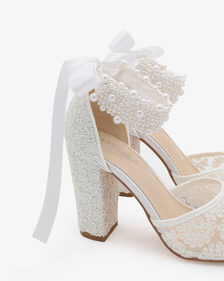 Crochet Lace Block Heel Sandals with Perla Ankle StrapWomen Shoes