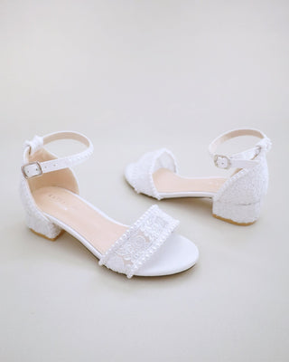 Crochet Lace Low Block Heel Girls Sandals with Mini PearlsKids Shoes