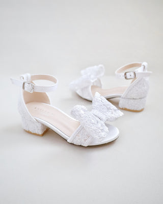 Lace Low Block Heel Girls Sandals with Oversized Crochet Lace BowKids Shoes