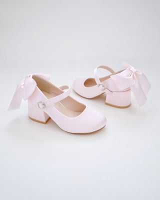 Girls Satin Mary Jane Block Heel with Back Satin BowKids Shoes