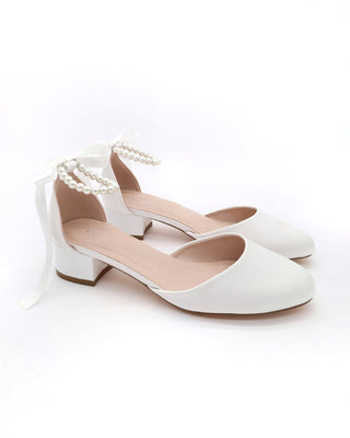 Round Toe Satin Low Block Heel with All Pearls Ankle StrapWomen Shoes