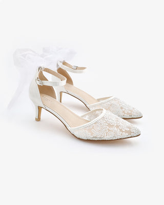 Crochet Lace Pointy Toe Wedding Kitten Low Heel with Tulle Back BowWomen Shoes
