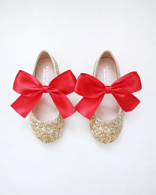 Gold Rock Glitter Mary Jane with Red or Royal Blue Satin BowKids Shoes