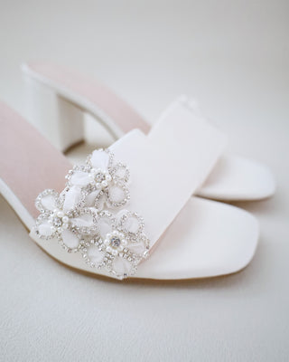 Satin Block Heels Slide Wedding Sandals with Rhinestones Chassia FlowerWomen Shoes