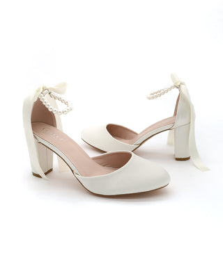 Satin Block Heel with All Pearls Ankle StrapWomen Shoes