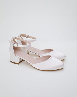 Round Toe Satin Low Block Heel with Ankle StrapWomen Shoes