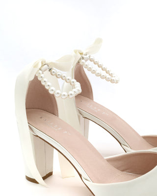 Satin Block Heel with All Pearls Ankle StrapWomen Shoes