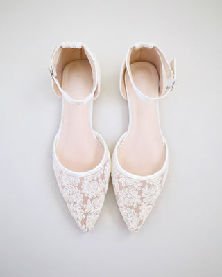 Crochet Lace Pointy Toe Flats with Ankle StrapWomen Shoes