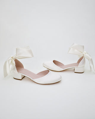 Round Toe Satin Low Block Heel with Wrapped Ribbon TieWomen Shoes
