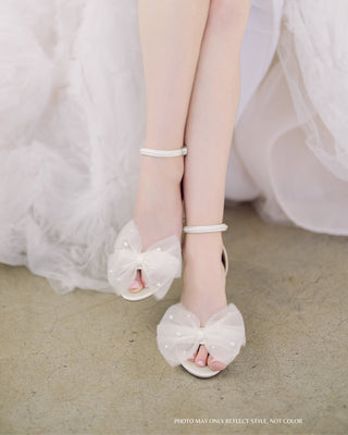 Satin Block Heel Sandal with Front Oversized Tulle Bow and Scattered PearlsWomen Shoes