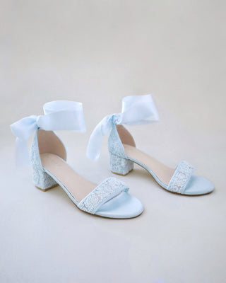 Crochet Lace Block Heel Wedding Sandals with Wrapped Ankle TieWomen Shoes