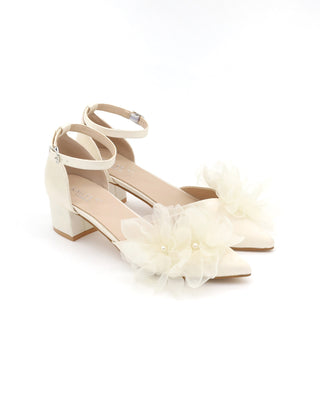 Satin Pointy Toe Low Block Heels Wedding Shoes with Ophelia FlowersWomen Shoes