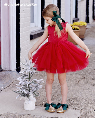Rock Glitter Mary Jane Flats with Hunter Green Satin BowKids Shoes