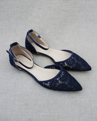 Crochet Lace Pointy Toe Flats with Ankle StrapWomen Shoes