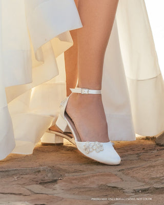 Round Toe Satin Low Block Heel with Rhinestones Chassia FlowerWomen Shoes