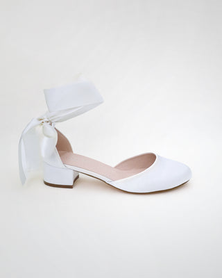 Round Toe Satin Low Block Heel with Wrapped Ribbon TieWomen Shoes