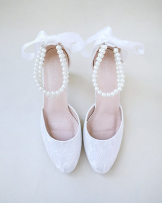 Lace Block Heel with Double Pearls Ankle StrapWomen Shoes