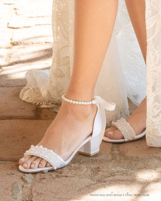 Satin Block Heel Wedding Sandals with Perla Applique and All Pearls StrapWomen Shoes