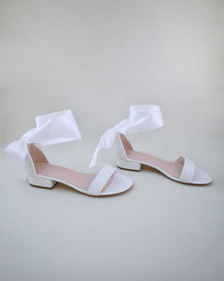 Rock Glitter Low Block Heel Wedding Sandals with Wrapped Satin TieWomen Shoes