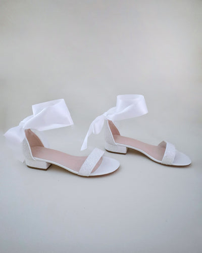 white glitter heel wedding sandals with satin ribbon