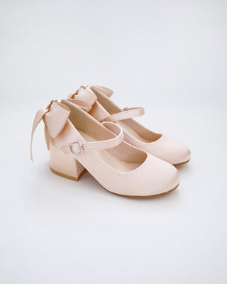 Girls Satin Mary Jane Block Heel with Back Satin BowKids Shoes