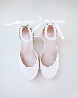 Girls Satin Block Heel with All Pearls Ankle StrapKids Shoes