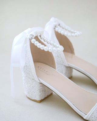 Crochet Lace Block Heel Wedding Sandals with All Pearl Ankle StrapWomen Shoes