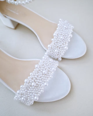 Satin Block Heel Wedding Sandals with Perla Applique and All Pearls StrapWomen Shoes