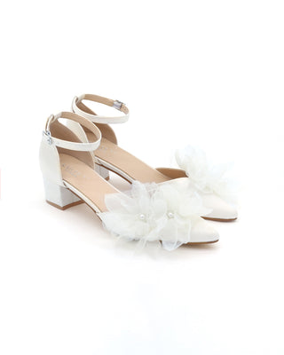 Satin Pointy Toe Low Block Heels Wedding Shoes with Ophelia FlowersWomen Shoes