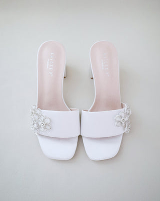 Satin Block Heels Slide Wedding Sandals with Rhinestones Chassia FlowerWomen Shoes