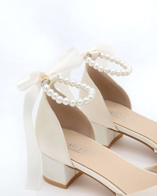 Satin Pointy Toe Low Block Heels Wedding Shoes with All Pearls Ankle StrapWomen Shoes