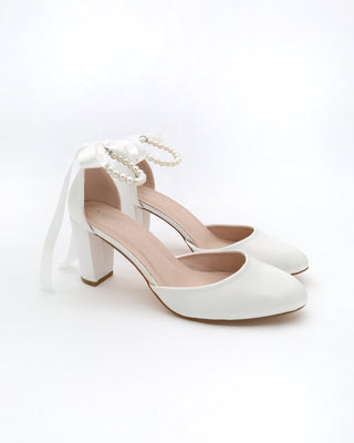 Satin Block Heel with All Pearls Ankle StrapWomen Shoes