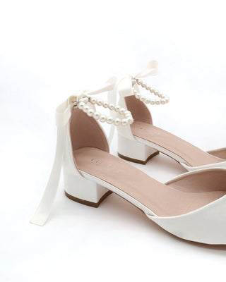 Round Toe Satin Low Block Heel with All Pearls Ankle StrapWomen Shoes