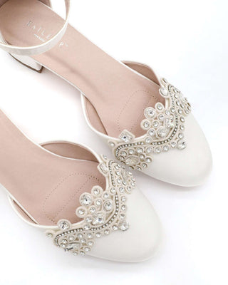 Round Toe Satin Low Block Heel with Small Rhinestones AppliqueWomen Shoes
