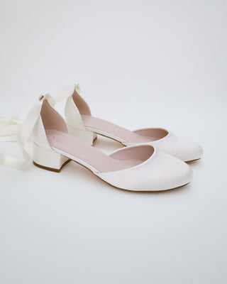 Round Toe Satin Low Block Heel with Ballerina Lace UpWomen Shoes