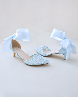 Crochet Lace Pointy Toe Wedding Kitten Low Heel with Wrapped Ankle TieWomen Shoes