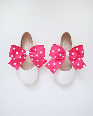 White Rock Glitter Mary Jane Flats with Fuchsia Polka Dot Grosgrain BowKids Shoes
