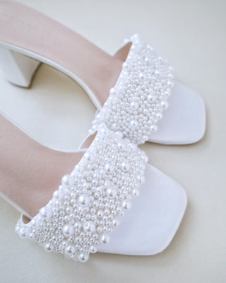 Satin Block Heels Slide Wedding Sandals with Perla AppliqueWomen Shoes