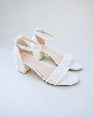 Crochet Lace Block Heel Wedding Sandals with Mini PearlsWomen Shoes