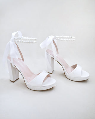 Satin Platform Block Heel Wedding Sandals with Double Pearls Ankle StrapWomen Shoes