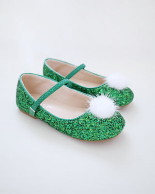 Rock Glitter Mary Jane Ballet Flats with White Faux Fur PuffKids Shoes