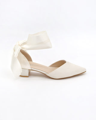 Satin Pointy Toe Low Block Heels Wedding Shoes with Wrapped Ribbon TieWomen Shoes