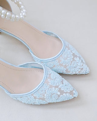 Crochet Lace Pointy Toe Wedding Kitten Low Heel with Double Pearl StrapWomen Shoes