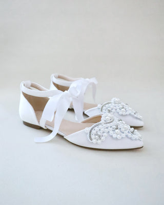 Satin Pointy Toe Flats with Oversized Pearls AppliqueWomen Shoes