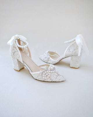 Lace Block Heel Pearl Ankle Wrap For BridesWomen Shoes