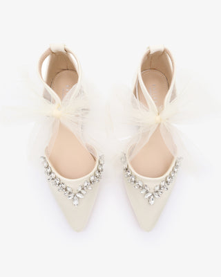 Satin Pointy Toe Flats with Starlet Rhinestones Embellishment and Tulle Bow TieWomen Shoes