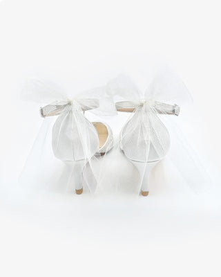 Crochet Lace Pointy Toe Wedding Kitten Low Heel with Tulle Back BowWomen Shoes