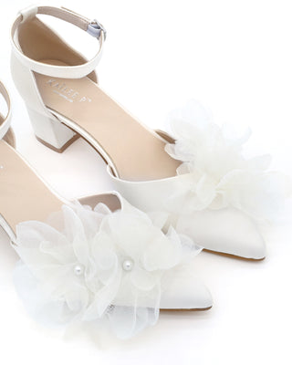Satin Pointy Toe Low Block Heels Wedding Shoes with Ophelia FlowersWomen Shoes